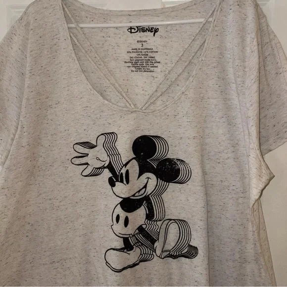 Disney Mickey Mouse Graphic V-Neck T-Shirt – Soft Beige Short Sleeve Casual Tee - Picture 2 of 4